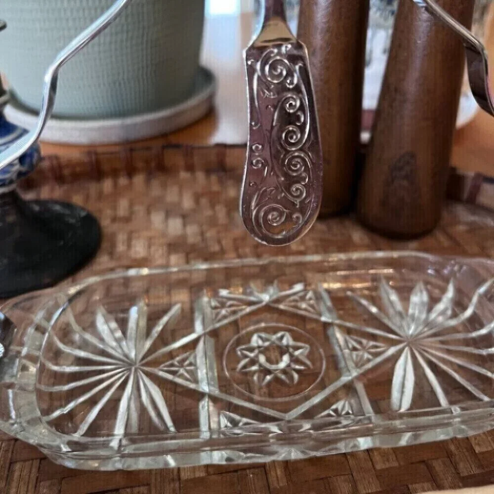 Vintage Crystal Butter Dish Spreader Server